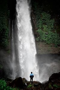 Rear view of man standing against waterfall in forest
