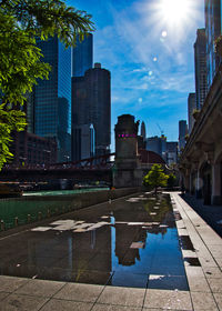 Reflection of buildings in city against sky