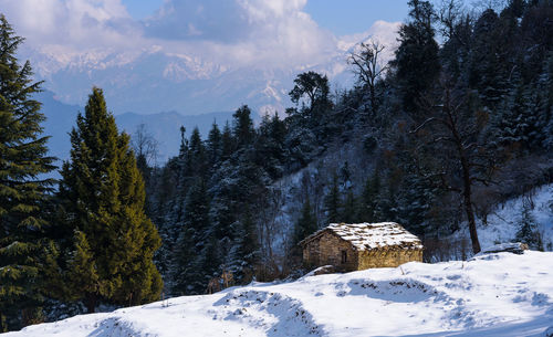 Scenic view of snow covered mountains against sky