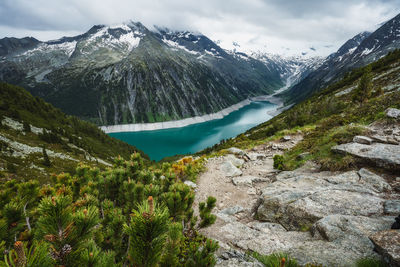 Scenic view of snowcapped mountains against sky