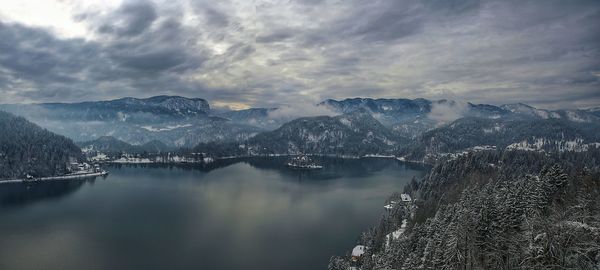 Scenic view of lake against sky during winter