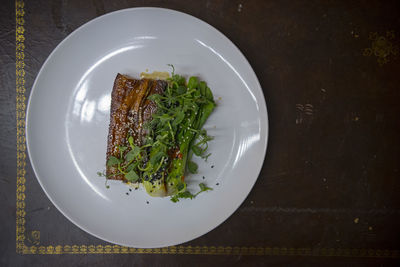 High angle view of food in plate