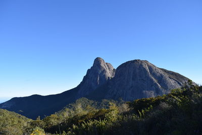 Scenic view of mountains against clear blue sky