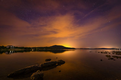 Scenic view of lake against sky at sunset
