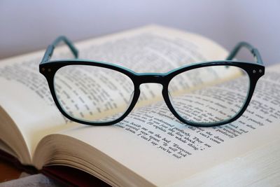 Close-up of eyeglasses on book