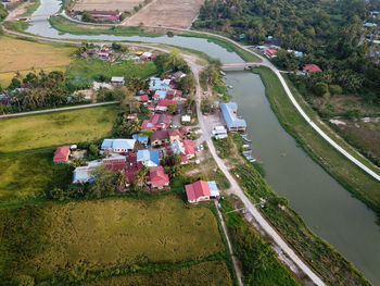 High angle view of road amidst trees on field