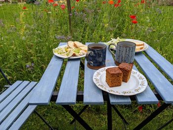 High angle view of breakfast on table