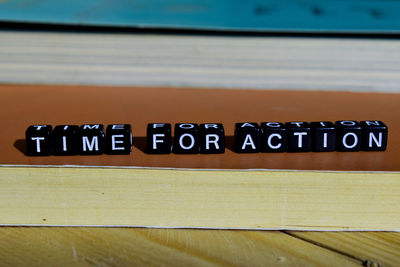 Close-up of text on table