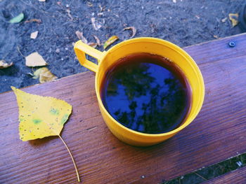 High angle view of tea cup on table