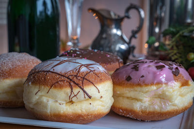 Close-up of donuts in tray on table