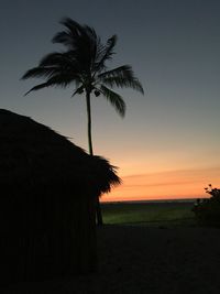 Silhouette palm trees at beach against sky during sunset