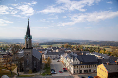 High angle view of townscape against sky in city