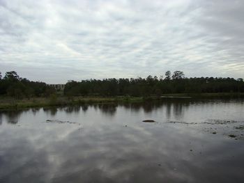 Scenic view of lake against cloudy sky
