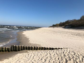 Scenic view of beach against clear blue sky