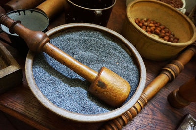 High angle view of eggs in bowl on table