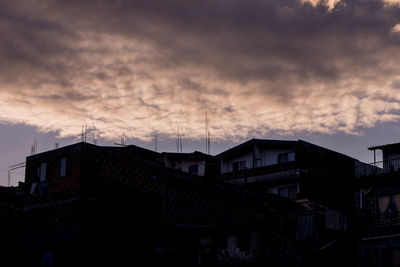 Exterior of buildings in city at sunset