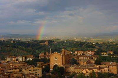 Aerial view of townscape against rainbow in sky