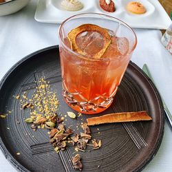 High angle view of drink in glass on table