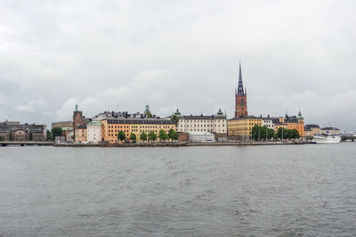 Buildings by river against cloudy sky