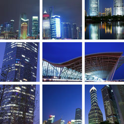 Digital composite image of illuminated buildings against sky at night