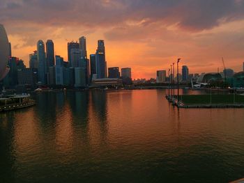 Scenic view of bay against buildings at sunset