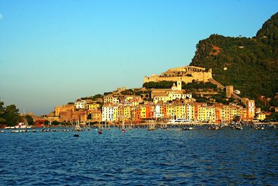 Scenic view of sea against clear blue sky