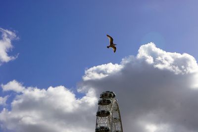 Low angle view of bird flying against blue sky