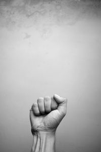 Close-up of person hand against white background