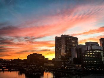 Illuminated buildings against sky during sunset