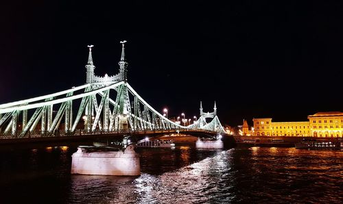 Illuminated bridge over river at night