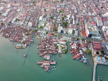 High angle view of buildings in city