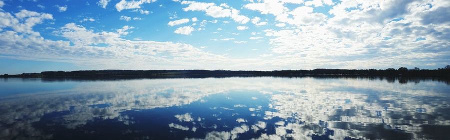 Scenic view of lake against cloudy sky