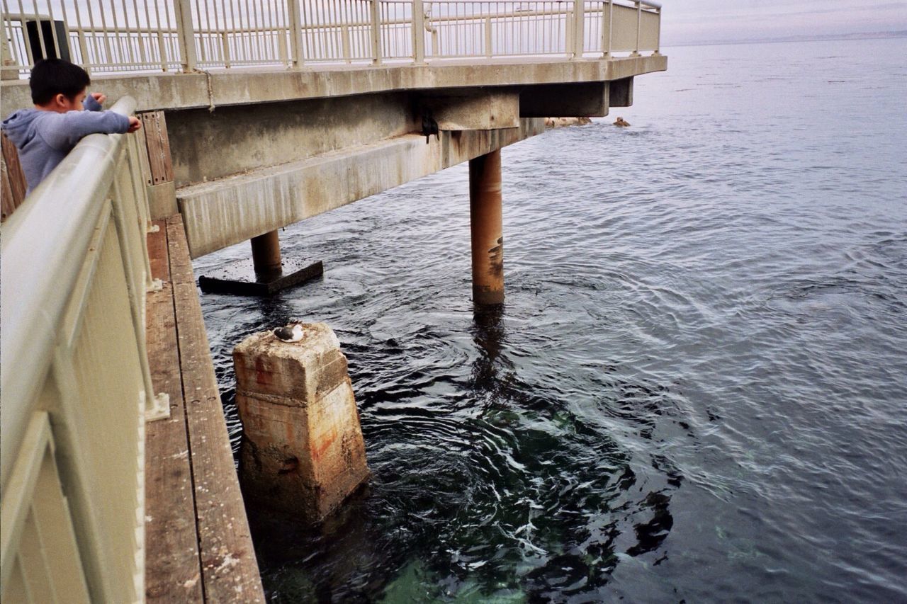 water, built structure, transportation, nautical vessel, architecture, pier, boat, rippled, river, mode of transport, waterfront, railing, bridge - man made structure, canal, high angle view, sea, building exterior, men