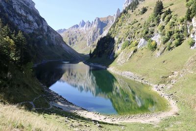 Scenic view of lake and mountains against sky