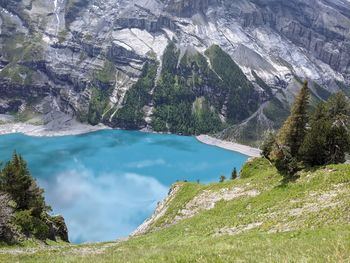 Panoramic view of lake and mountains