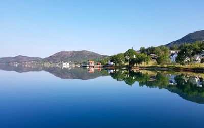 Lake by buildings against clear blue sky