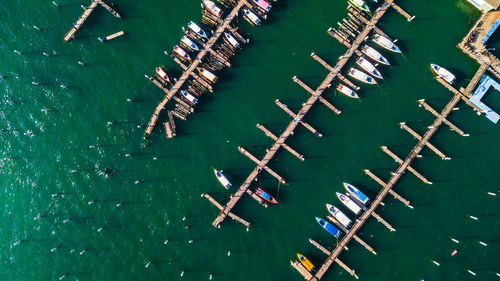 High angle view of boats moored in sea