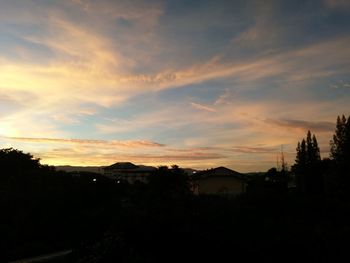 Silhouette trees and buildings against sky during sunset