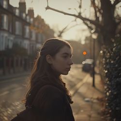 Portrait of young woman standing against buildings