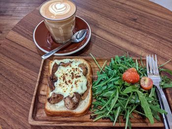 High angle view of breakfast served on table