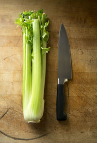 Directly above shot of celery and knife on cutting board