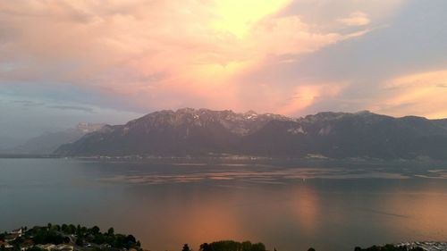 Scenic view of lake and mountains during sunset