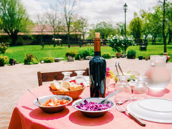 Close-up of food served on table