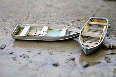 High angle view of boats at wet beach