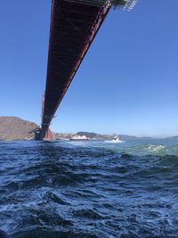 Bridge over sea against clear blue sky