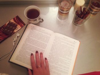 High angle view of coffee cup on table