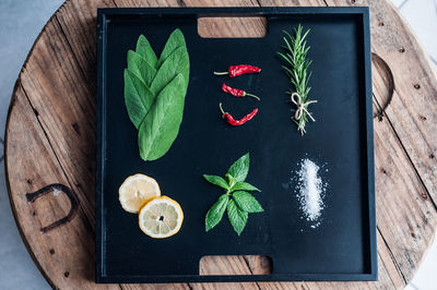 High angle view of vegetables on cutting board