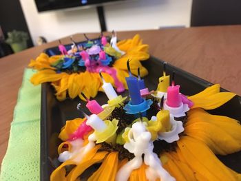 Close-up of multi colored flowers on table