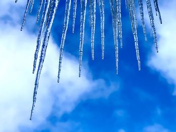 Low angle view of icicles against blue sky