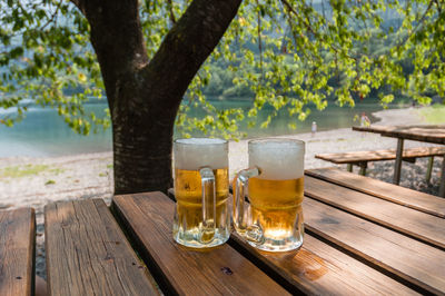 Glass of beer on table